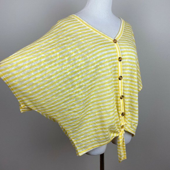 A.N.A Top Women XL Yellow White Tie Hem Stripe Dolman Lightweight Knit Button Up - Picture 1 of 11